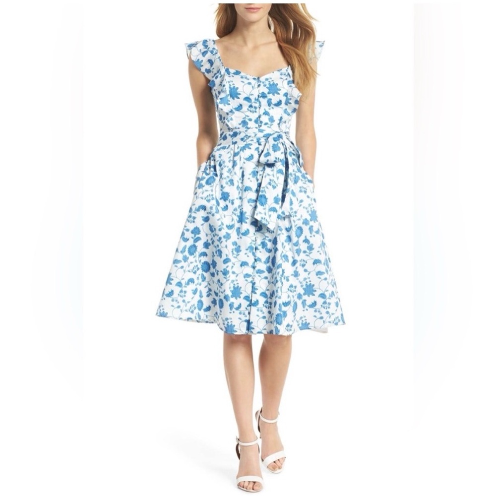 Gal Meets Glam Blue Floral Fit-and-Flare Dress with Tie Waist
